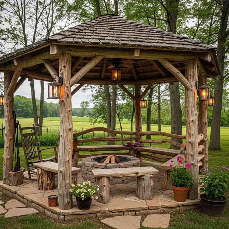 Rustic Wooden Gazebo with Fire Pit